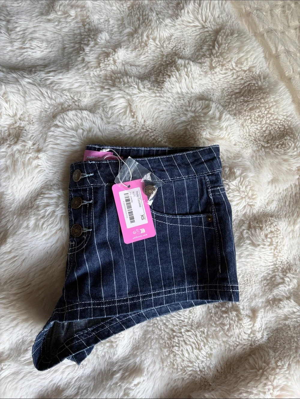 Edikted Dark Blue Pinstripe Denim Short Shorts